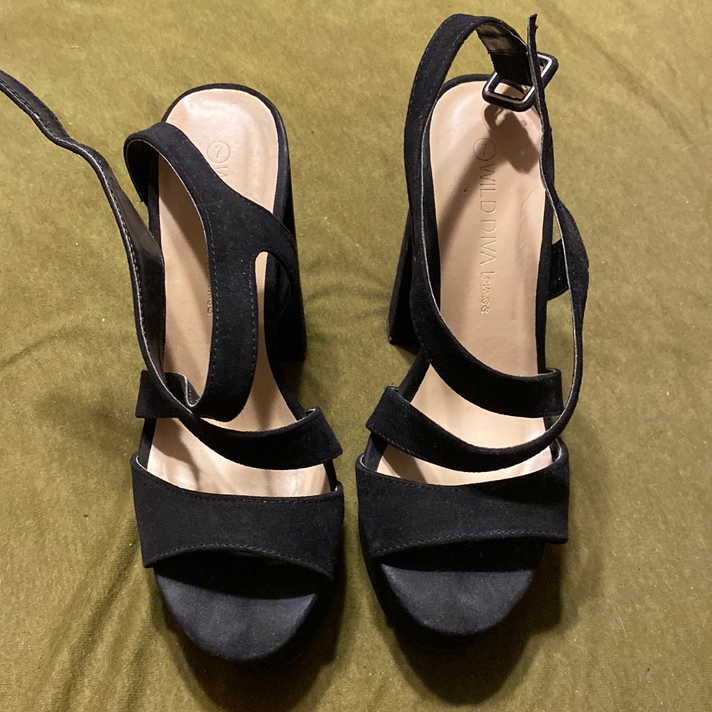 Black suede buckle heels